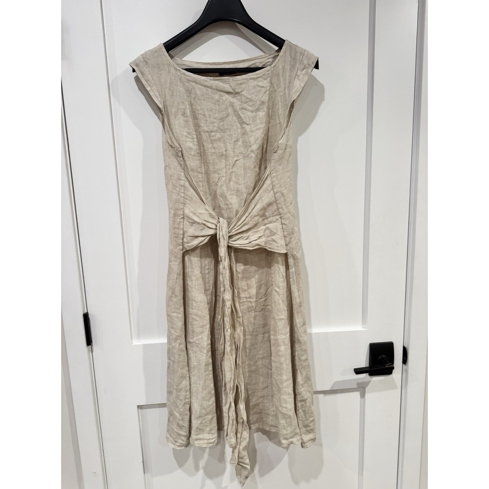 Piazza Del Tempio Italy Linen Dress Taupe Cap Sleeve Front Tie Lagenlook  Resort